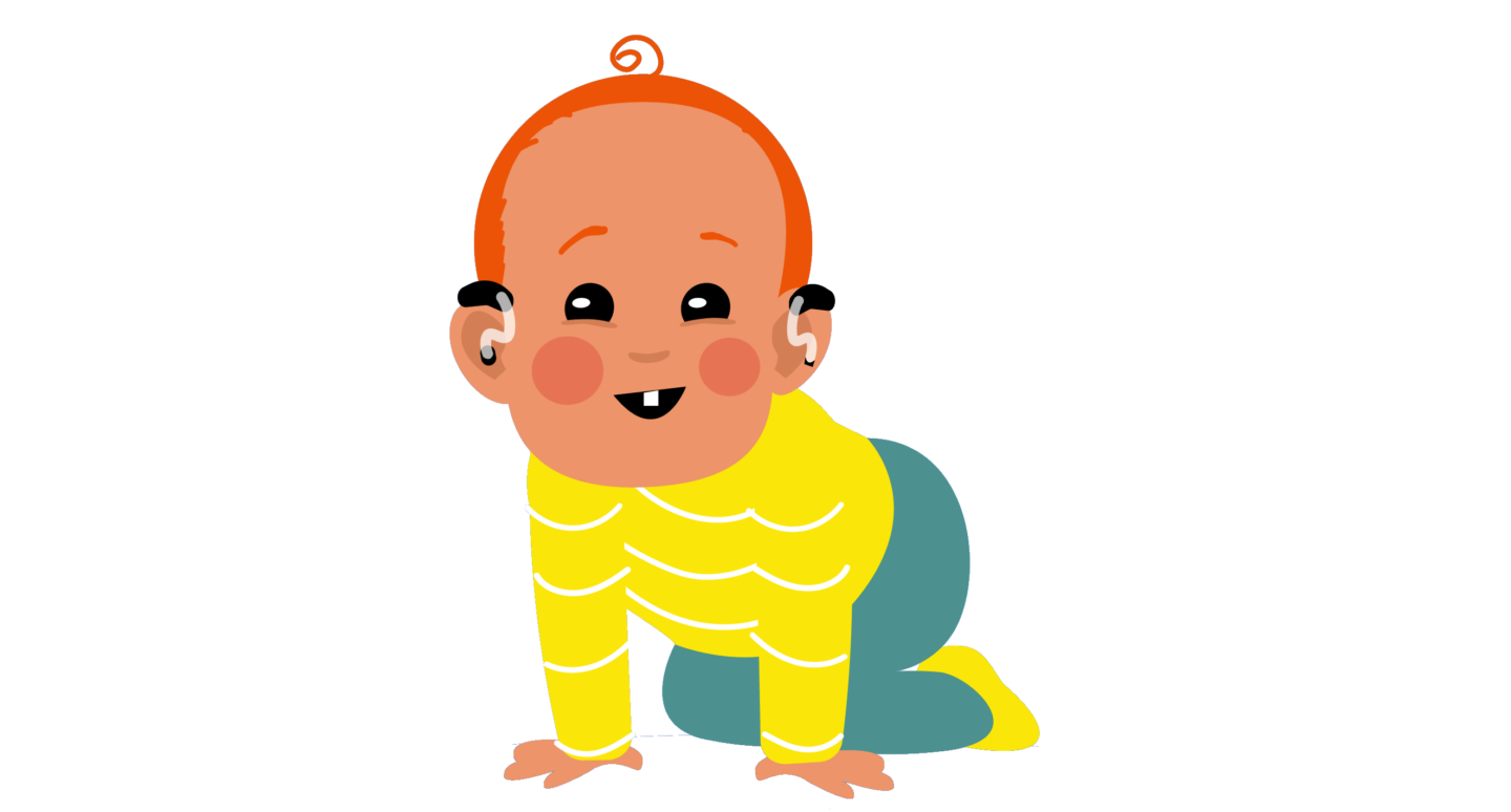 Tekening van kruipende baby met twee hoortoestellen
